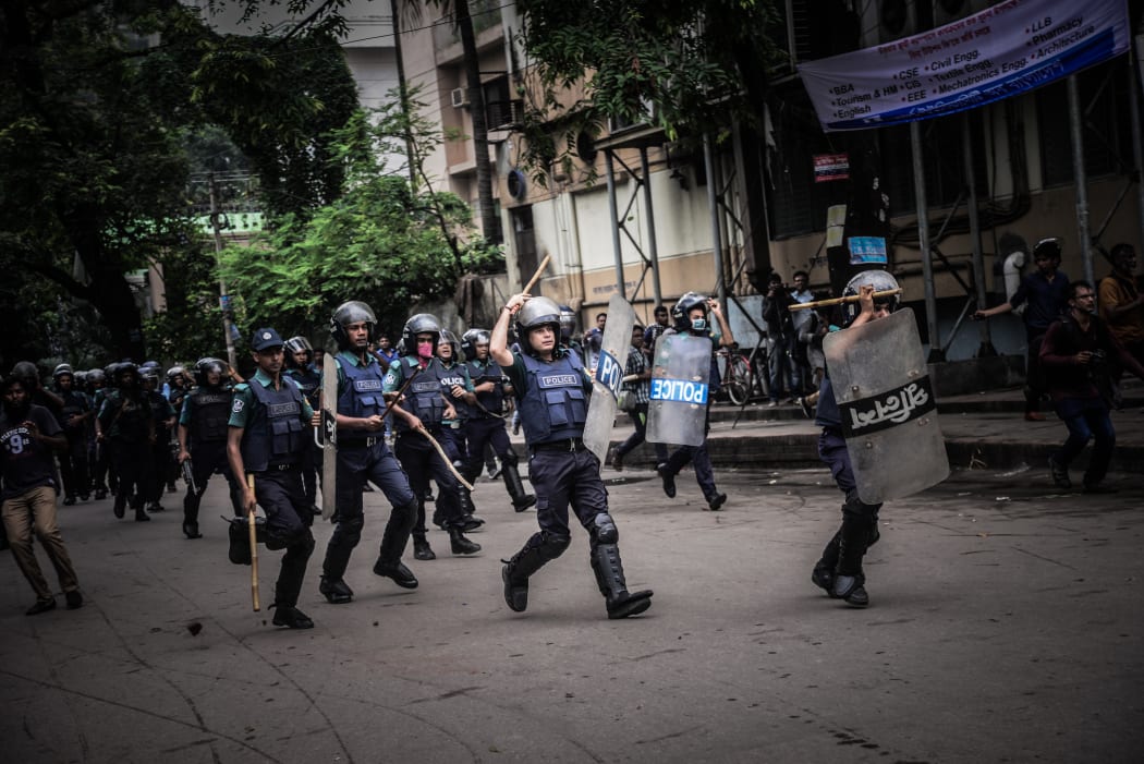 Bangladeshi police during the student protest.