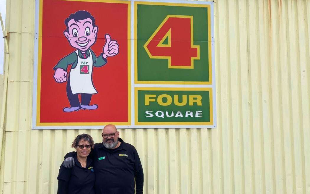 Rick Metcalfe and his wife Roslyn Hepana outside their Four Square store in Te Araroa, on the East Cape.