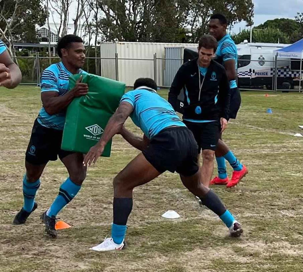 Fiji coach Gareth Baber watches on during a training session.