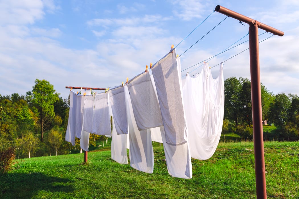 fresh clean white sheets drying on clothes line in outdoor, laundry, washing.
