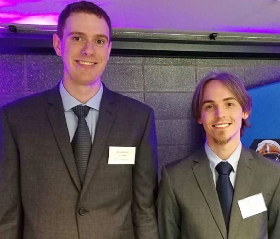 Sheldon Nunes, left, and Nick Mertens were finalists in Callaghan Innovation's C-Prize with their FallCast wearable technology that can warn of the potential for falls in the elderly.
