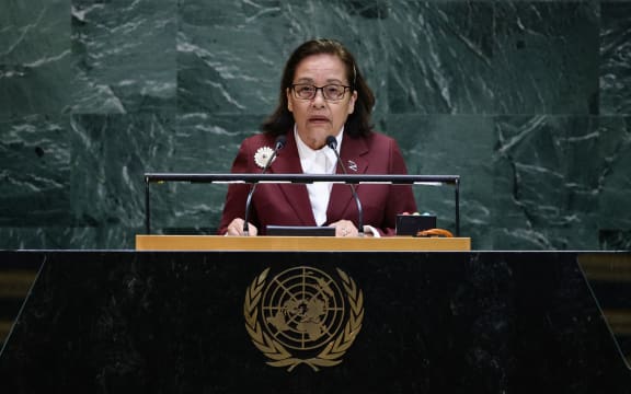 Marshall Islands president Hilda Heine speaks during the General Debate of the United Nations General Assembly at the UN headquarters in New York City on September 24, 2025. (Photo by Leonardo MUNOZ / AFP)