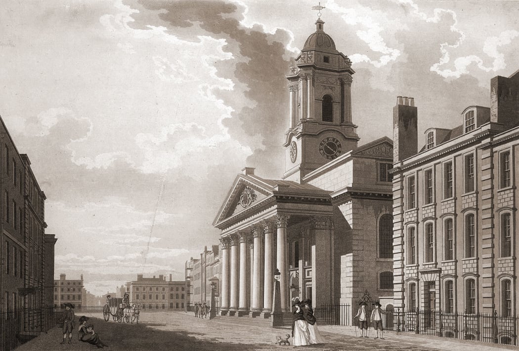 St George's Hanover Square, 1787. Aquatint picture of exterior and street with pedestrians, horse and carriage.
