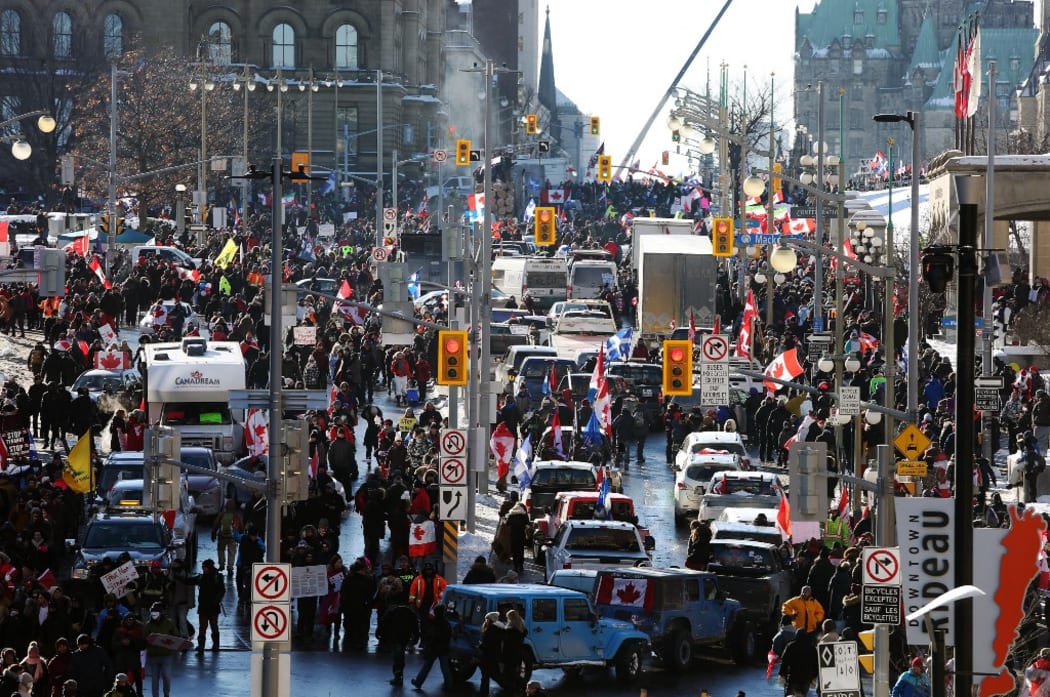 Supporters of the Freedom Convoy protest  Covid-19 vaccine mandates and restrictions on 29 January, 2022 in Ottawa, Canada.