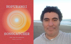 A composite image showing a book cover on the left and a photo of the author on the right. The book, "HOPURANGI: SONGCATCHER"