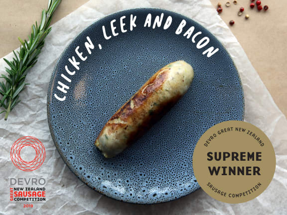 Westmere Butchery's chicken, leek and bacon entry won top spot at the Great New Zealand Sausage Competition 2019.