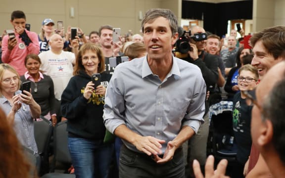 Candidate of the Democratic Party Robert "Beto" O'Rourke delivers a campaign speech in Conroe, Texas in 2018.