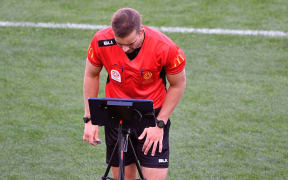 Ref Daniel Elder reverses a Phoenix goal during the A-League Phoenix vs Newcastle Jets.