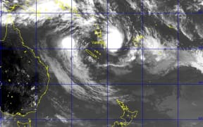 A satellite image of cyclone Winston, to the right of Vanuatu, and cyclone Tatiana, to the left, northwest of New Caledonia.