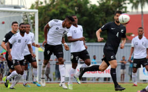 Roy Krishna heads the ball during their 2-0 defeat to New Zealand in Lautoka.