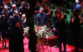 Sir Tim Shadbolt's casket at his funeral.