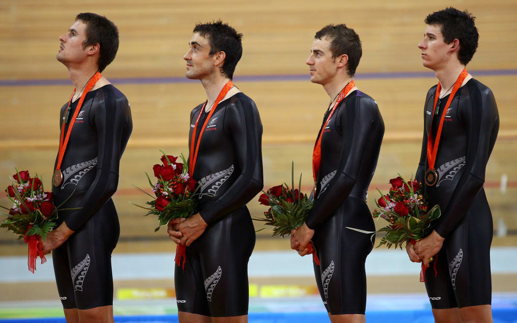 The New Zealand men's team pursuit foursome consisting of (L-R) Sam Bewley, Hayden Roulston, Marc Ryan and Jesse sergent win bronze in the final of the 4000m team pursuit at the 2008 Beijing Olympic Games. 18 August 2008. Photo: Lawrence Smith/PHOTOSPORT