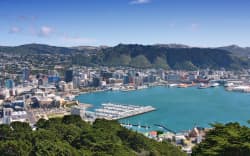 Wellington, New Zealand - city aerial view of marina and downtown skyscrapers.