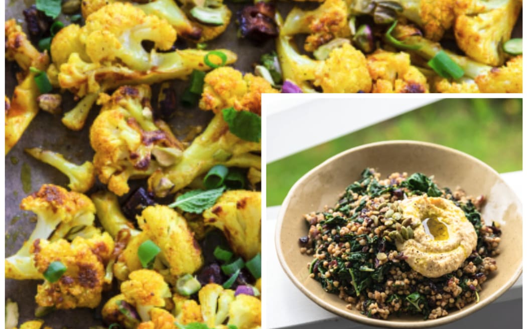 Roasted cauliflower salad and buckwheat salad (inset)