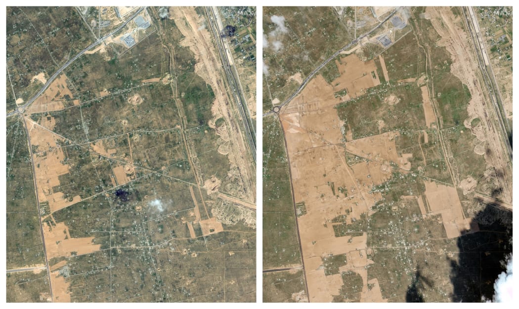 Handout satellite pictures taken on 10 February, 2024 (L) and 15 February, 2024 (R) by Maxar Technologies show an overview of the area adjacent to the Egypt-Gaza Strip border in Rafah, Egypt. The Rafah crossing is seen in the centre at the top of each image.