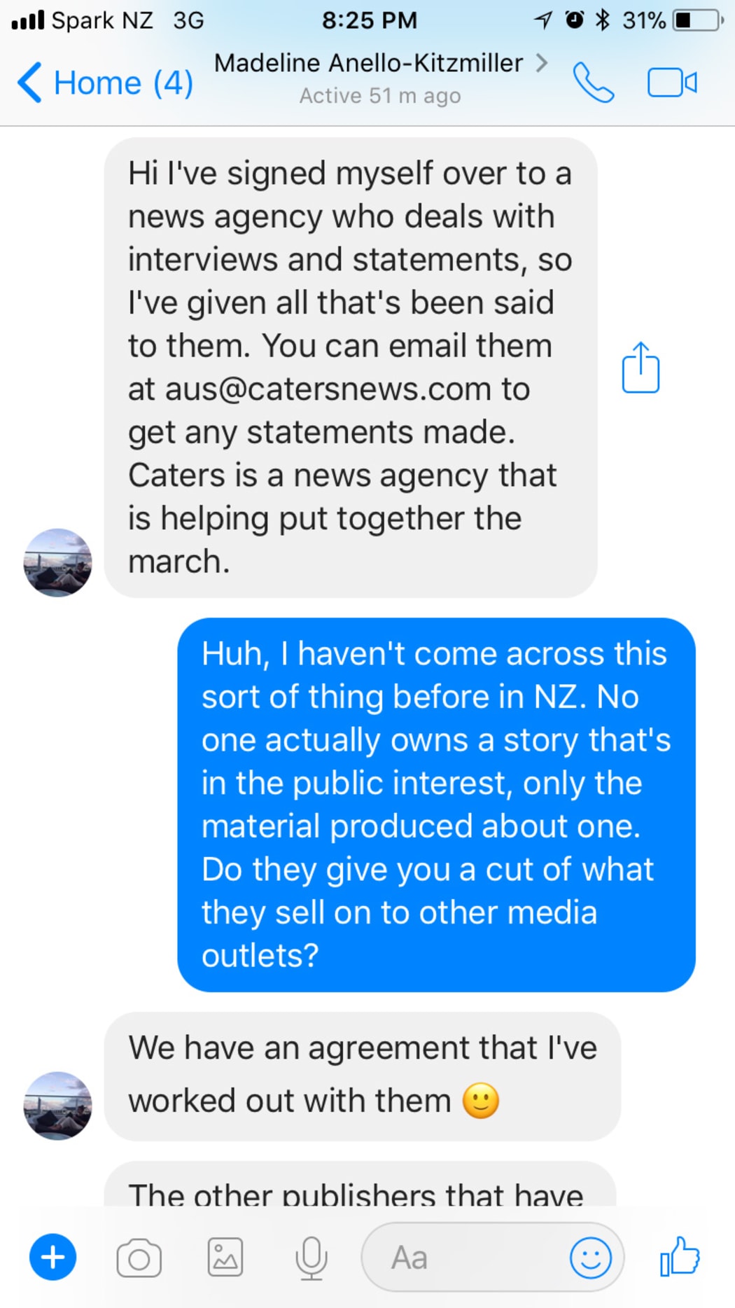 A screenshot of the conversation between Madeline Anello-Kitzmiller and Wireless Editor Marcus Stickley on Facebook Messenger.