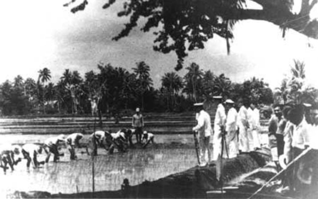 Japanese military officers watch over Chamorro workers at a rice field in Guam. During the occupation in WWII, much of Guam's population was subjected to forced labour.