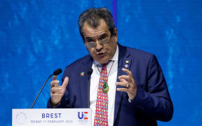 French Polynesia's President Edouard Fritch delivers a speech during the High Level Segment session of the One Ocean Summit, in Brest on February 11, 2022.