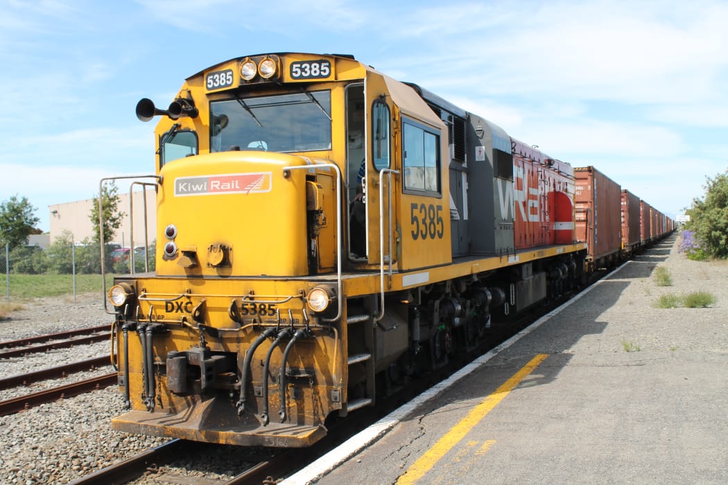 A northbound freight train at the Rangiora Station.
