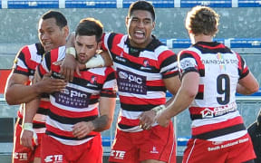 Counties Manukau players celebrate a try. 2015.