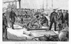 Seizure of the blackbirding schooner Daphne and its cargo by the HMS Rosario in 1869.