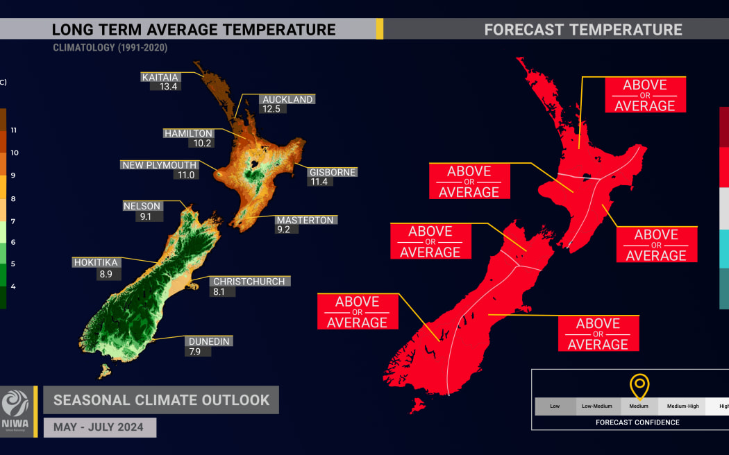 NIWA's seasonal climate outlook for May - July 2024.