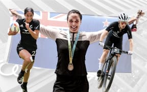 Composite of Dame Sophie Pascoe holding NZ flag, Anton Cooper and Shiray Kaka.