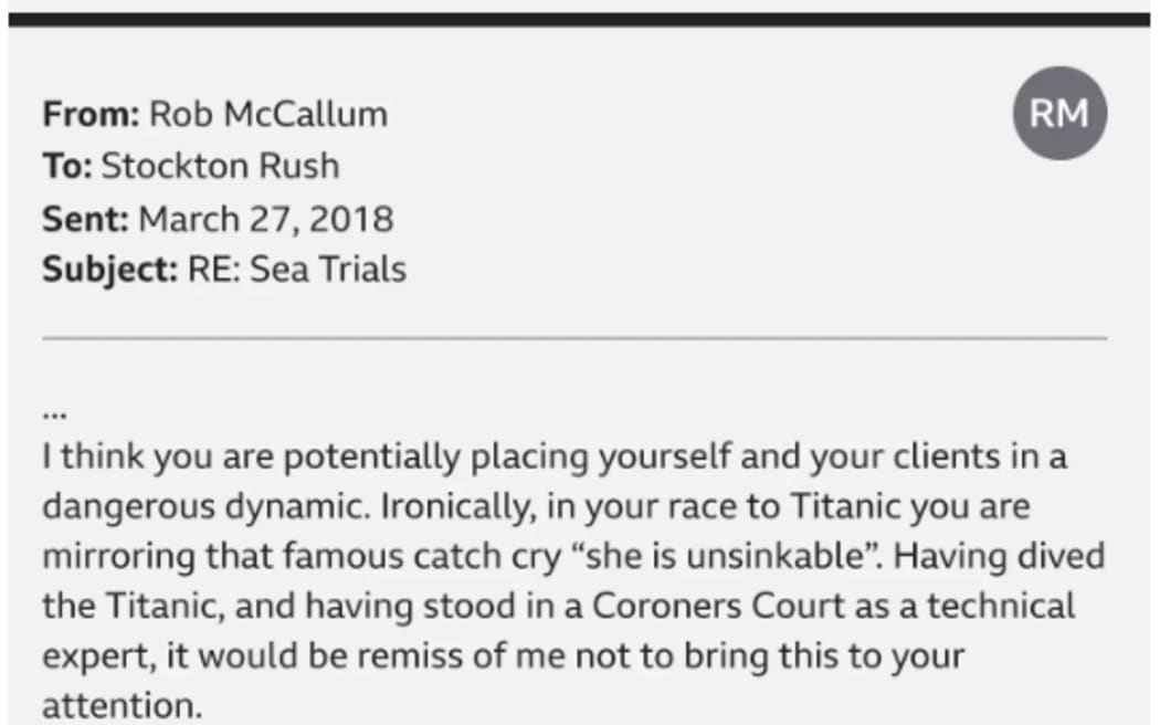 In emails supplied to the BBC, leading deep sea exploration specialist Rob McCallum raised serious safety concerns with Stockton Rush.