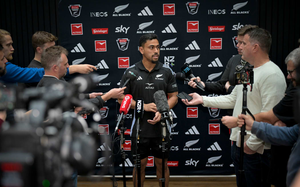 All Black Stephen Perofeta speaks to media.