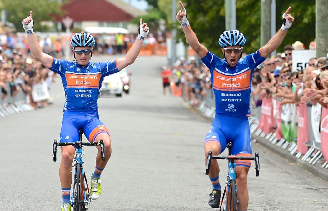 Joe Cooper (right) and Tom Davison celebrate the one-two finish at the elite national road cycling championships.