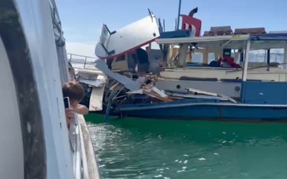 Damage to the Paihia-Russell ferry after a collision with a motorboat.