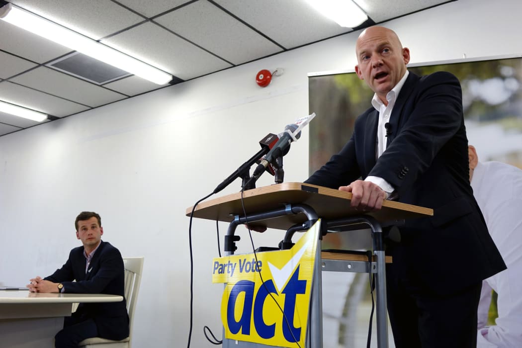 Jamie Whyte speaking to reporters in Auckland with Epsom candidate David Seymour in the background.