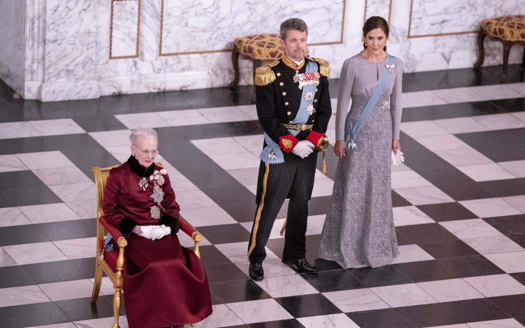 Queen Margrethe II of Denmark, Crown Prince Frederik of Denmark and Crown Princess Mary of Denmark attend the New Year's reception for the diplomatic corps at Christiansborg Palace, Copenhagen, on January 3, 2023. (Photo by Liselotte Sabroe / Ritzau Scanpix / AFP) / Denmark OUT
