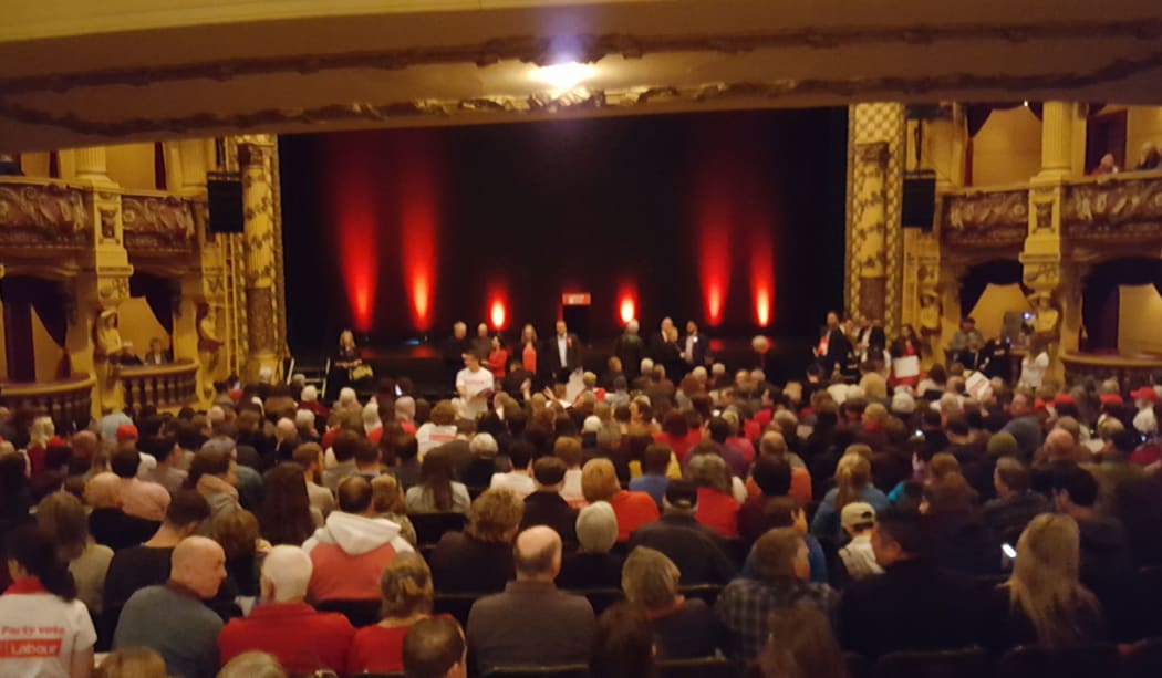 Jacinda Ardern spoke to a crowd of around 1500 supporters at the St James theatre in Wellington.