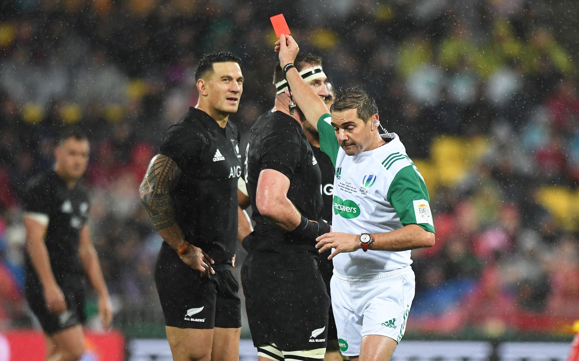 Sonny Bill Williams is red carded by referee Jerome Garces. New Zealand All Blacks v British and Irish Lions. 2nd Rugby union test match. Westpac Stadium, Wellington, New Zealand. Saturday 1 July 2017.