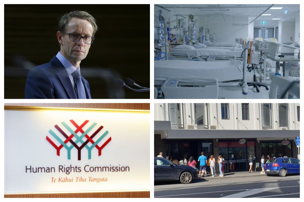 (Clockwise from top left) Today, Dr Ashley Bloomfield annuonced three new Covid-19 cases, GPs are calling for a health system reform, the Human Rights Commission has delivered a report on the coronavirus response, and people queue outside an Auckland business during alert level 3.