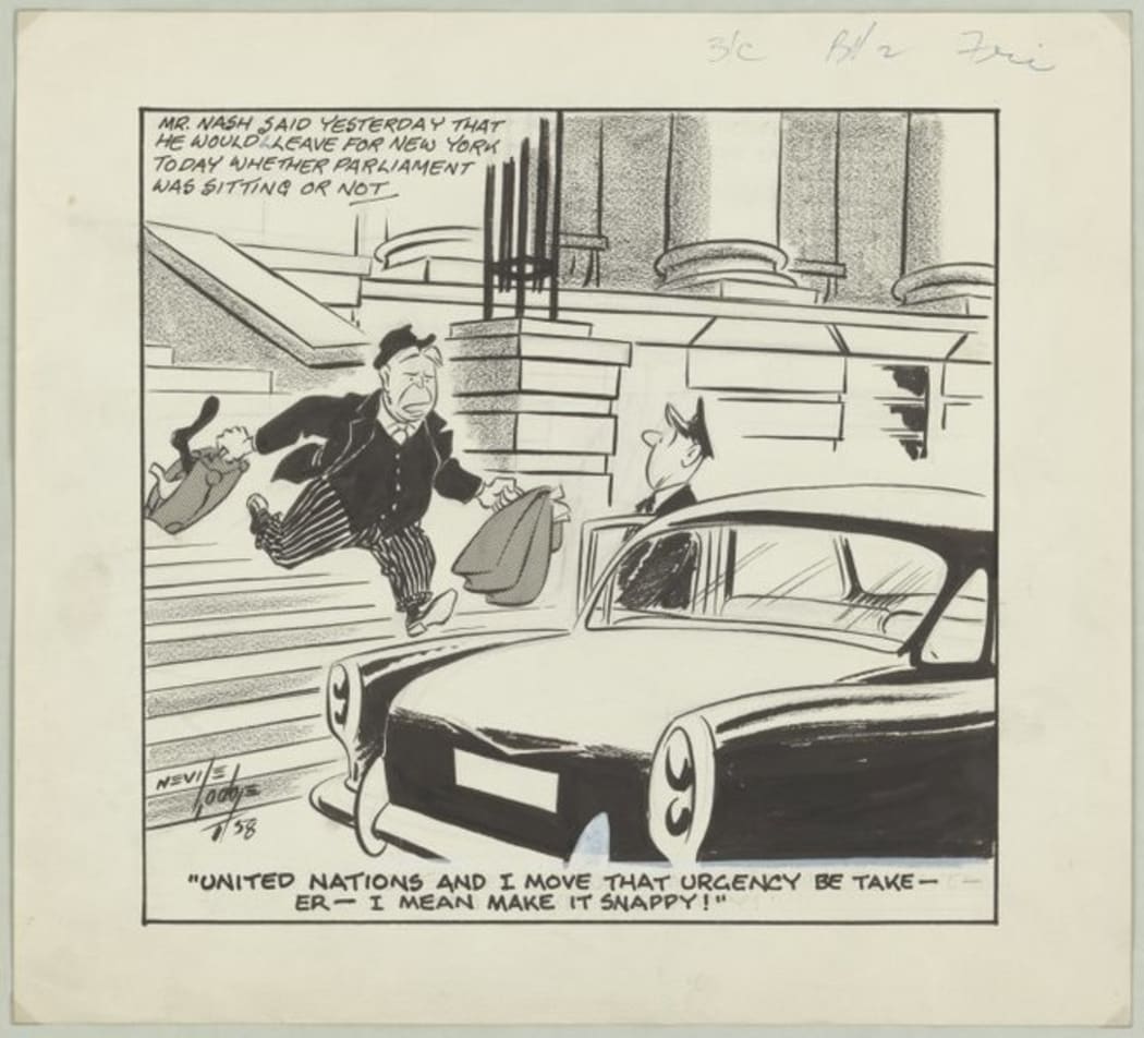 A cartoon from 1958 featuring then Prime Minister Walter Nash.