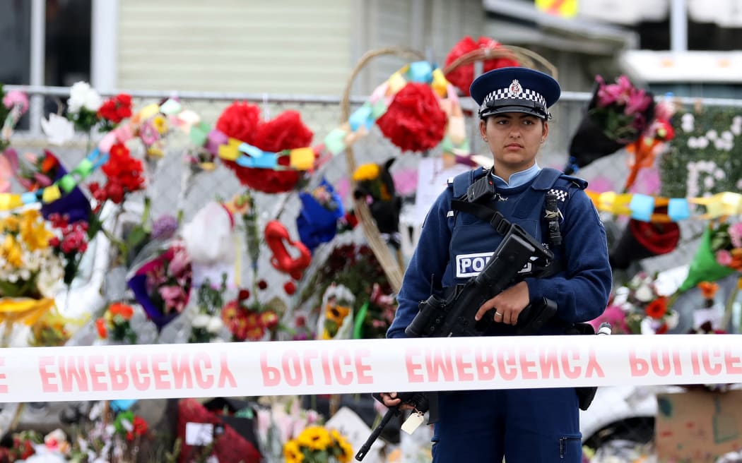 A policewoman stands guard outside the Linwood Mosque in Christchurch, New Zealand on March 21, 2019. New Zealand has banned the sale of assault rifles and semi-automatic weapons after the country's worst-ever attack that killed 50 people in two mosques last Friday, 15 March.  (Photo by Sanka Vidanagama/NurPhoto) (Photo by SANKA VIDANAGAMA / NurPhoto / NurPhoto via AFP)