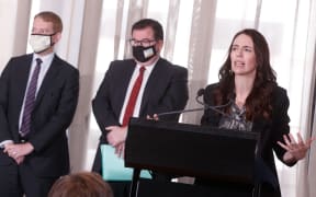 22102021 PHOTO: ROBERT KITCHIN/STUFFL-R:  Prime Minister Jacinda Ardern, Grant Robertson, Chris Hipkins, and Peeni Henare introduce a new âtraffic lightâ system when dealing with Covid-19 onwards.  The announcement was made in the Banquet Hall in Parliament.