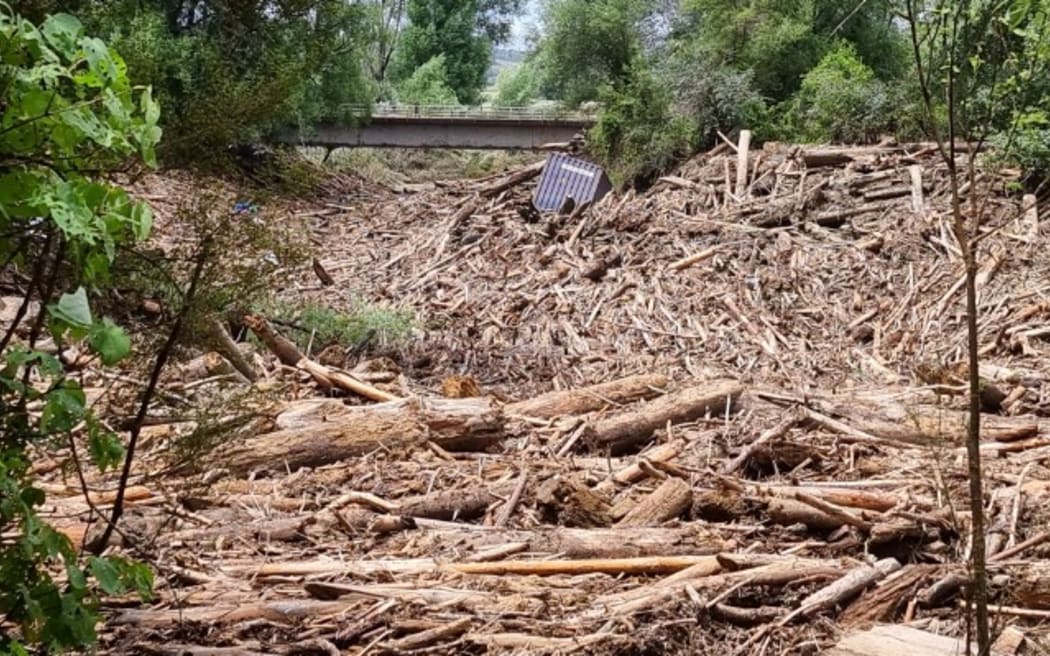 The Mangatokerau Bridge on Tolaga Bay's Paroa Rd is littered with logs and debris.
