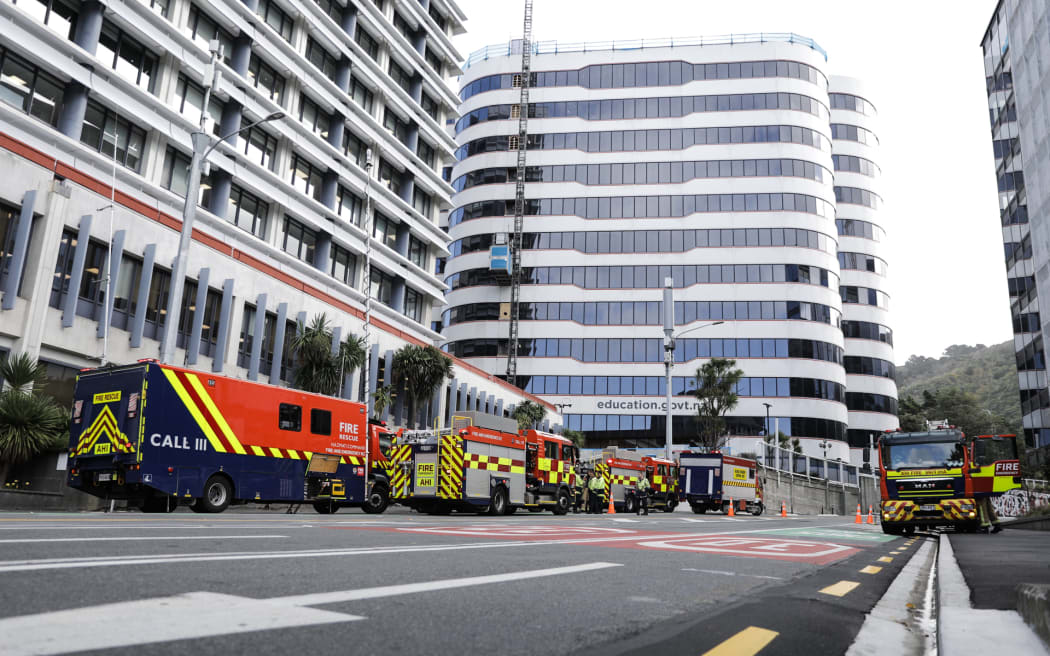 Fire crews at Education House, on the corner of Bowen St and The Terrace, in Wellington.