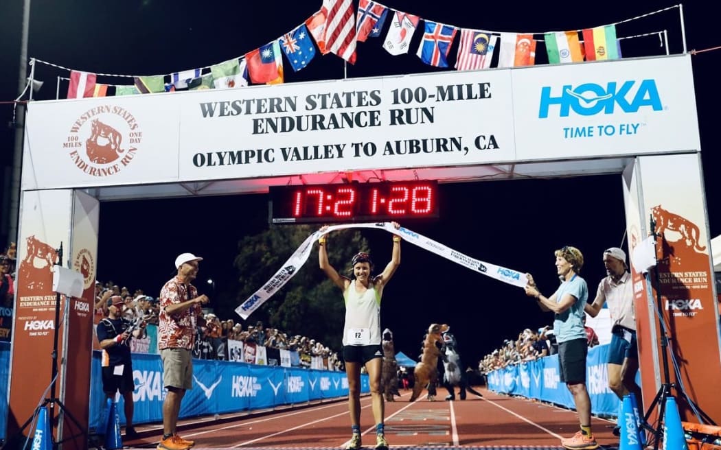 Ultra Marathon runner Ruth Croft crosses the line to win the Western States 100-Mile Endurance Run in 17 hours 21 minutes and 28 seconds.