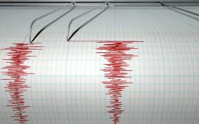 A closeup of a seismograph machine needle drawing a red line on graph paper depicting seismic and eartquake activity on an isolated white background