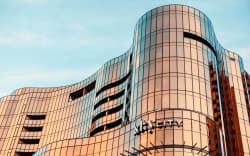 Australia: SkyCity Adelaide casino and hotel building viewed from the riverbank during sunset time on September 7, 2020.
