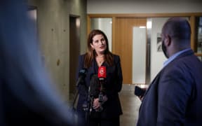Nicola Willis holds a media stand up following a speech to Canterbury Business.
