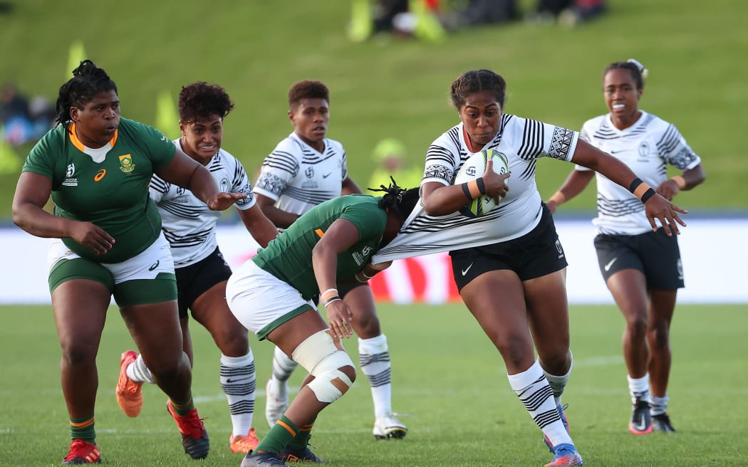 Bitila Tawake of Fiji is tackled during the Pool C Rugby World Cup 2021 match between Fiji and South Africa at Waitakere Stadium on October 16, 2022, in Auckland, New Zealand.