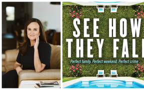 Author, Rachel Paris, and  the cover of her book See How They Fall that shows a pool surrounded by a high hedge