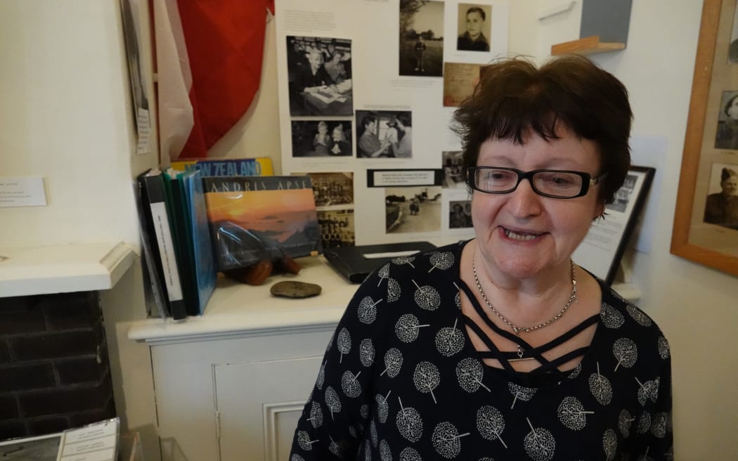 Gilda McKnight, in the Pahīatua Museum's room that tells the story of the Polish children who arrived in New Zealand as refugees during WWII.