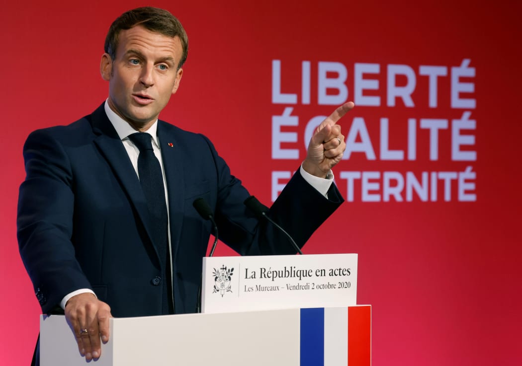 French President Emmanuel Macron delivering a speech on his strategy to fight separatism, near Paris.