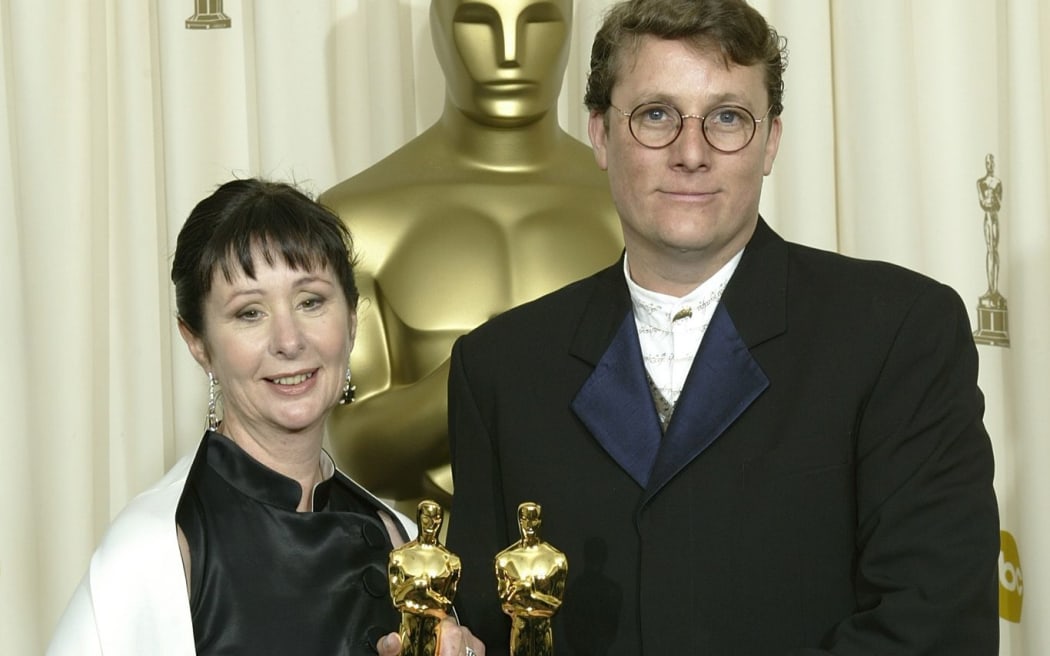 Winners for Best Costume Design Ngila Dickson and Richard Taylor pose with their Oscars at the 76th Academy Awards.